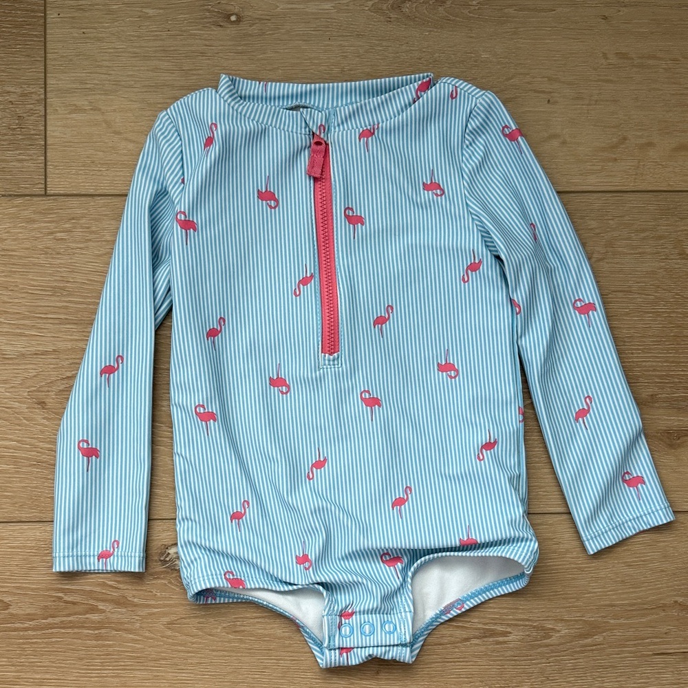 Toddler Girl Rash Guard Swim suit with Pink Flamingo Print - Light Blue Stripe